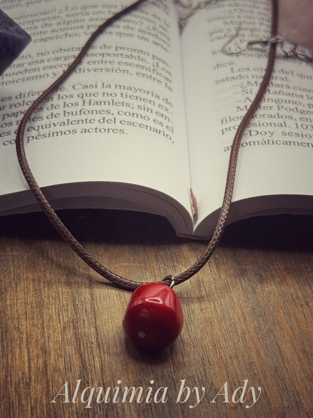 Alquimia big red  coral Brown Cord Necklace